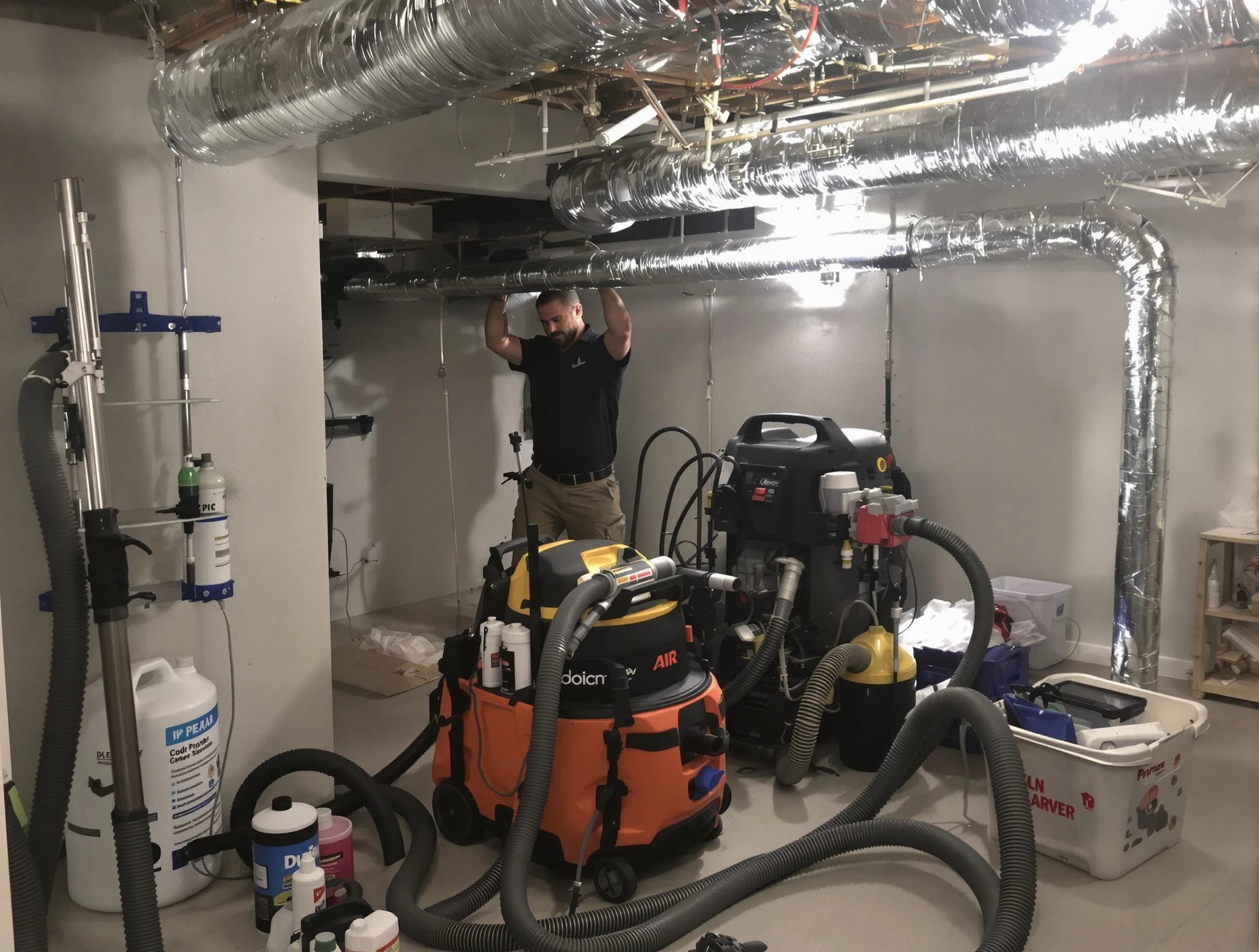 Lake Forest Air Duct Cleaning specialist performing professional mold removal from air ducts using safety equipment in Lake Forest