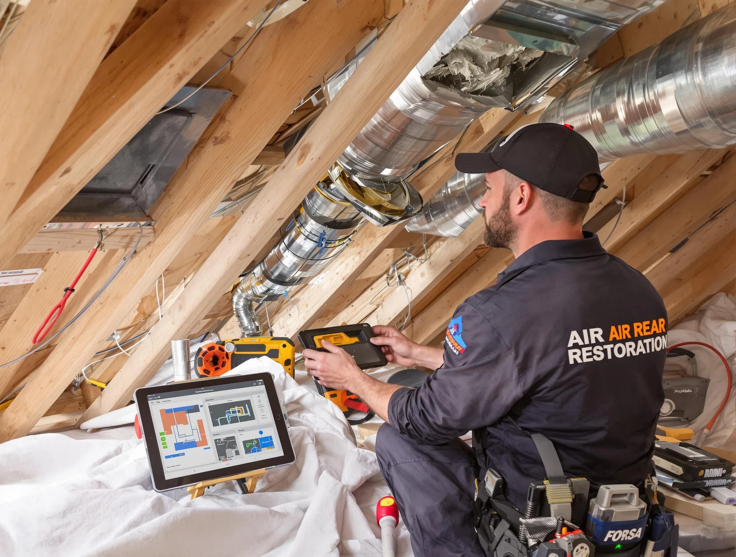 Lake Forest Air Duct Cleaning technician performing precise duct repair work in Lake Forest