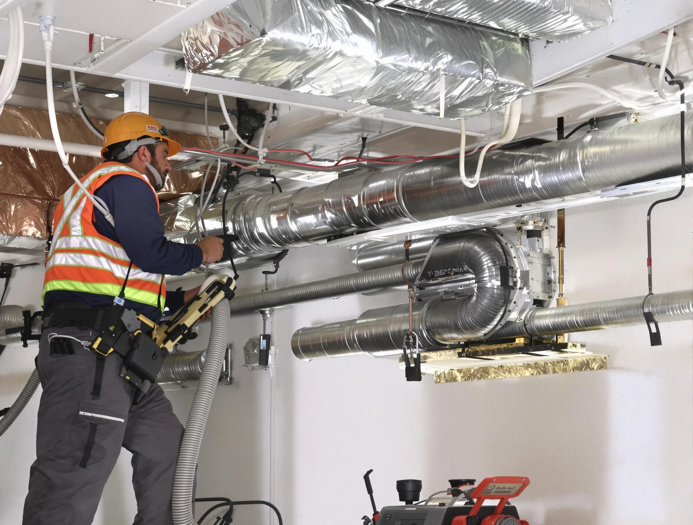 Lake Forest Air Duct Cleaning technician performing precision vacuum insulation removal in a residential property in Lake Forest